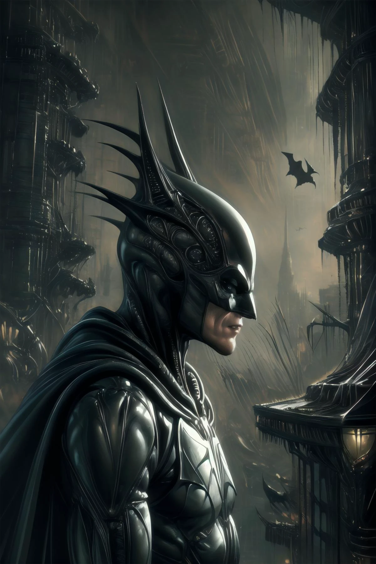 ((masterpiece, best quality)), illustration, graphic novel, science fiction, horror, fantasy, solo, portrait of batman, looking at viewer, gotham city background,
<lora:tbh295-:0.8> style of H.R. Giger,
<lora:XenomorphDNA:1> xenomorphdna,
<lora:add_detail:0.8>
<lora:EnhancedDetail:0.8>
<lora:Batman-KK77-V1:0.5> batman costume, helmet, armor, cape,