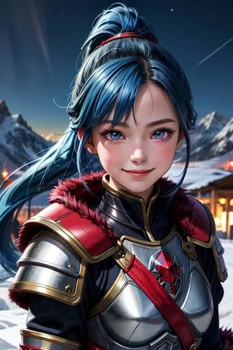 vibrant colors, girl, masterpiece, sharp focus, best quality, depth of field, cinematic lighting, ponytail, blue hair, red eyes, fur armor, mountain, bright smile, night sky,
