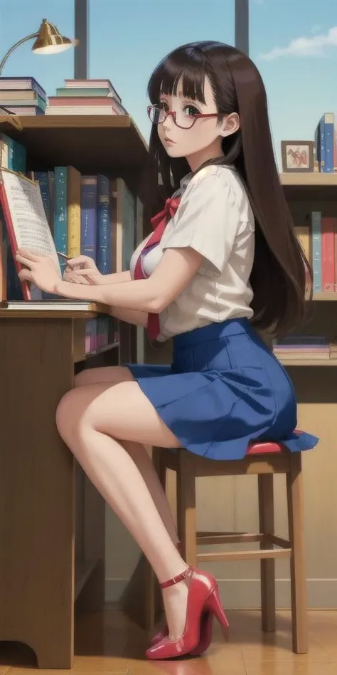 cinematic film still anime artwork, a ite woman, studying in library, cleaves, white shirt, glasses, long dark hair, enormous breast, short skirt, thick thighs, book shelf, tables lamp, evening light, damp light, silent, masterpiece,side view, low angle, under table, red heels, 8k, ultra detailed, . anime style, key visual, vibrant, vivid colors, brush strokes, studio anime, highly detailed . shallow depth of field, vignette, highly detailed, high budget, bokeh, cinemascope, moody, epic, gorgeous, film grain, grainy