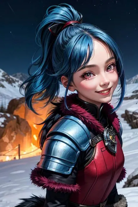 vibrant colors, girl, masterpiece, sharp focus, best quality, depth of field, cinematic lighting, ponytail, blue hair, red eyes, fur armor, mountain, bright smile, night sky,