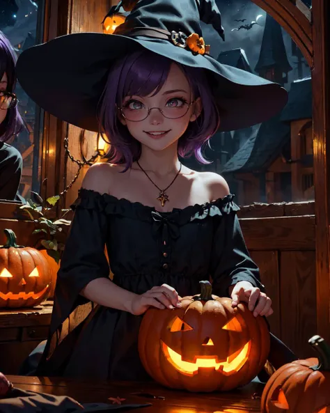 hires, ultra detailed, ultra quality, 8k, depth of field, ((Beautiful detailed eyes,))
soft lighting, lustrous skin,, blushing , 3d face,
(((night scene,)))   Skull Necklace,
Autumn Scene,
Witch's Camisole
Under-rim type glasses,
(((2girs,  lesbian couple, )))   ((( golden eyes, ))) ((Purple hair,)) , skinny,  witch hat, ((smile, laugh,)) 
((Witch's gothic room,))
Halloween pumpkin, Ghost ornaments,
8K, <lora:epi_noiseoffset2:1.8>