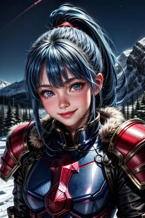 vibrant colors, girl, masterpiece, sharp focus, best quality, depth of field, cinematic lighting, ponytail, blue hair, red eyes, fur armor, mountain, bright smile, night sky,