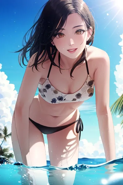 realistic, cg, 8k, masterpiece ,best quality,frilled bikini, white bikini,floral print,small breast  , 1girl ,solo, intricate eyes, golden eyes , medium hair, black hair , beach , on water , happy, erotic , alluring face , leaning forward, looking at viewer, outdoors, sunny day , sun , depth of field, blurry background <lora:frilled_bikini:0.8>