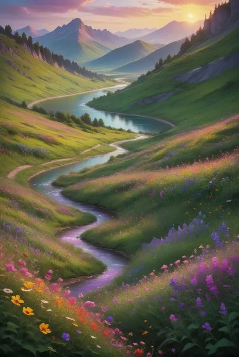 xl_kk, summer landscape, foreground of vibrant wildflowers on a rolling hill, winding river leading to a small lake, backdrop of pinty mountains of soft colour, setting sun, few volumetric clouds, vivid colours, purple and pink colours, with warm sunlight <lora:Saturated_Landscape_XL-KK:1>