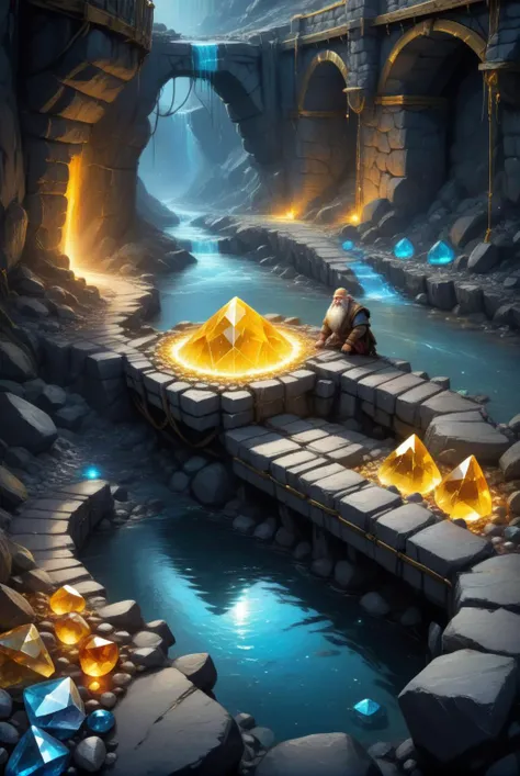xl_kk, a dwarf mine, stone bridges, crystals, gold, cart, god rays, fantasy, arkenstone <lora:Saturated_Landscape_XL-KK:1>