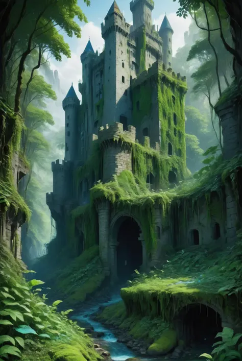 xl_kk, green, (castle in ruins:1.5), lucious forest, stream, vines, rich foliage, moss, greens and blues, rich colors <lora:Saturated_Landscape_XL-KK:1>