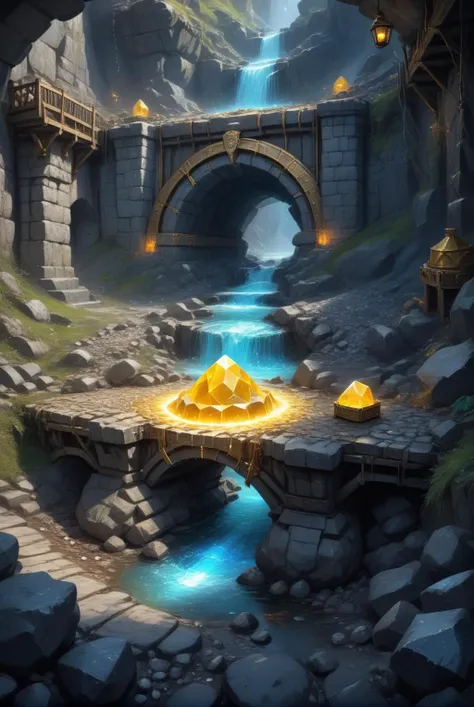 xl_kk, a dwarf mine, stone bridges, crystals, gold, cart, god rays, fantasy, arkenstone <lora:Saturated_Landscape_XL-KK:1>