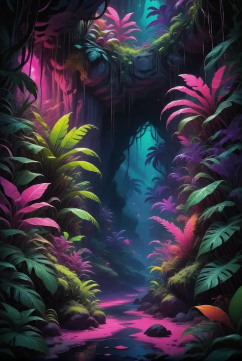 xl_kk, vibrant, enchanted cave, glowing plants and organisms, dark, pink and purple hues, neon green, tropical plants <lora:Saturated_Landscape_XL-KK:1>