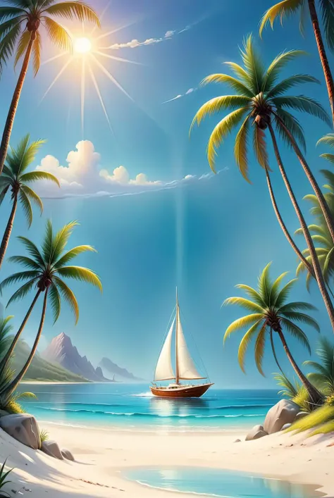 beach scene, palm trees, dolphins, coconuts, sailboat, <lora:Saturated_Landscape_XL-KK:1>