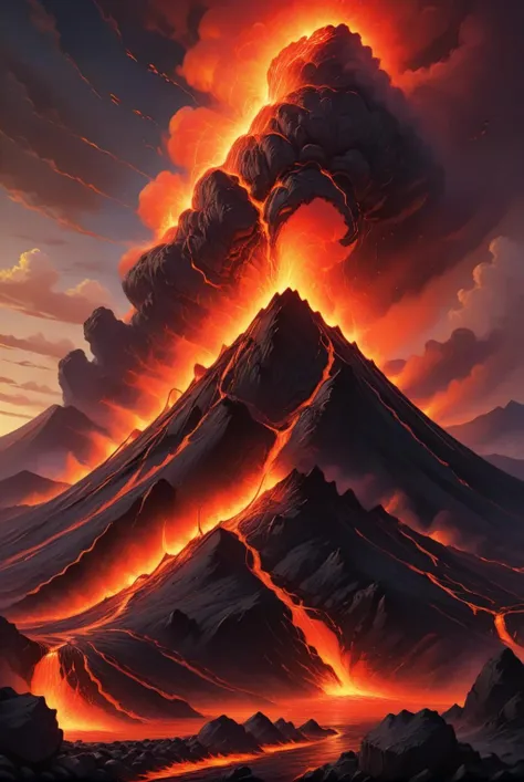 (((A planet in the universe))),(((a volcano erupts))),(((Volcanic mountains, Lava flowing, Fire, Heavy fog, Night, Dark red tones,)))Realistic, HD, hdr, hyper HD, 64k, Highly detailed, professional, commerciaphotography, Best quality,Red and blue contrast, harmonious color tones,