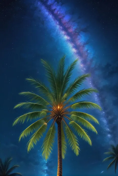 xl_kk, palme tree, sky, galaxy, starry sky <lora:Saturated_Landscape_XL-KK:1>