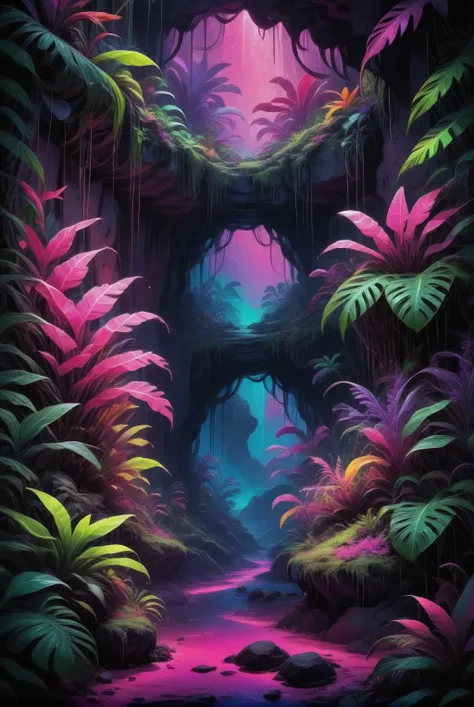 xl_kk, vibrant, enchanted cave, glowing plants and organisms, dark, pink and purple hues, neon green, tropical plants <lora:Saturated_Landscape_XL-KK:1>