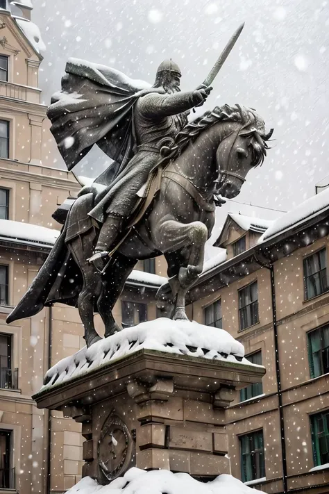 cid statue ,  sword in hand <lora:El cid:0.67>   four paws , snow in the  background ,horse in rampant motion , snowing hard