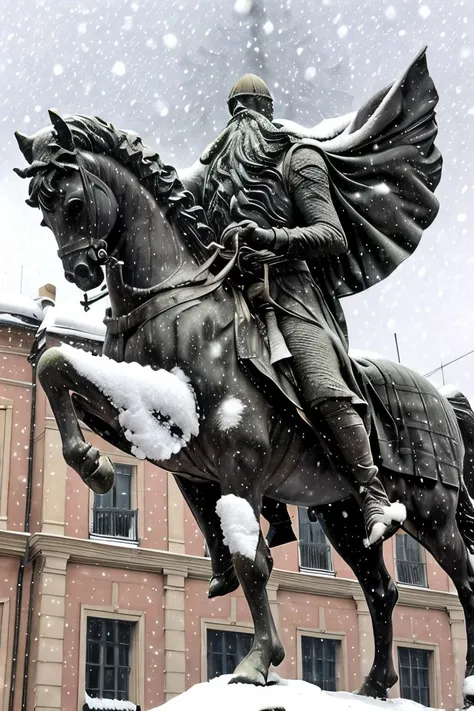 cid statue , sword in hand <lora:El cid:0.67> four paws , snow in the background ,horse in rampant motion , snowing hard