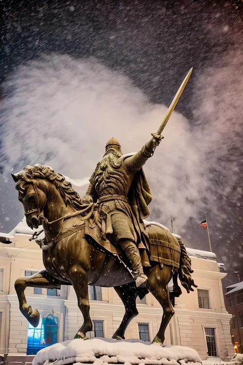 cid statue , sword in hand <lora:El cid:0.67> four paws , snow in the background ,horse in rampant motion , snowing hard