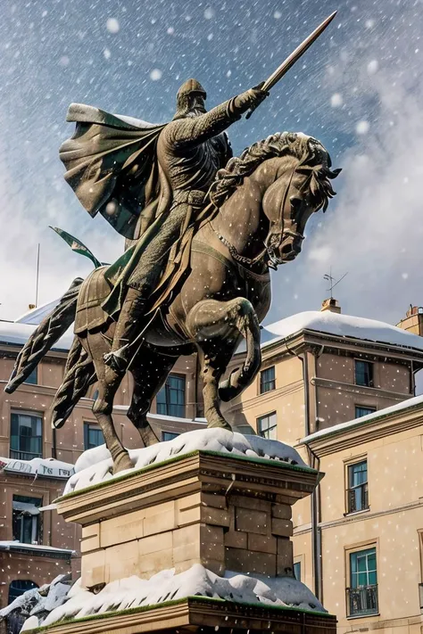 cid statue , sword in hand <lora:El cid:0.67> four paws , snow in the background ,horse in rampant motion , snowing hard