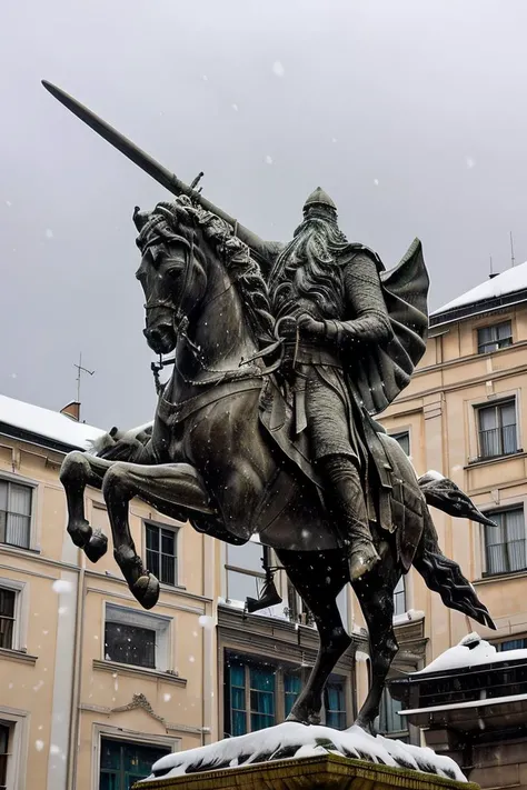 cid statue ,  sword in hand <lora:El cid:0.67>   four paws , snow in the  background ,horse in rampant motion , snowing hard