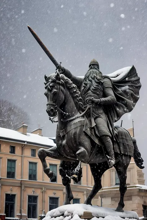 cid statue , sword in hand <lora:El cid:0.67> four paws , snow in the background ,horse in rampant motion , snowing hard
