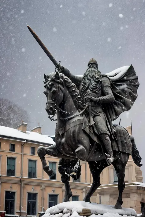 cid statue , sword in hand <lora:El cid:0.67> four paws , snow in the background ,horse in rampant motion , snowing hard