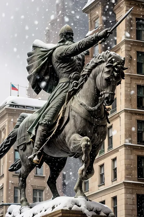 cid statue , sword in hand <lora:El cid:0.67> four paws , snow in the background ,horse in rampant motion , snowing hard