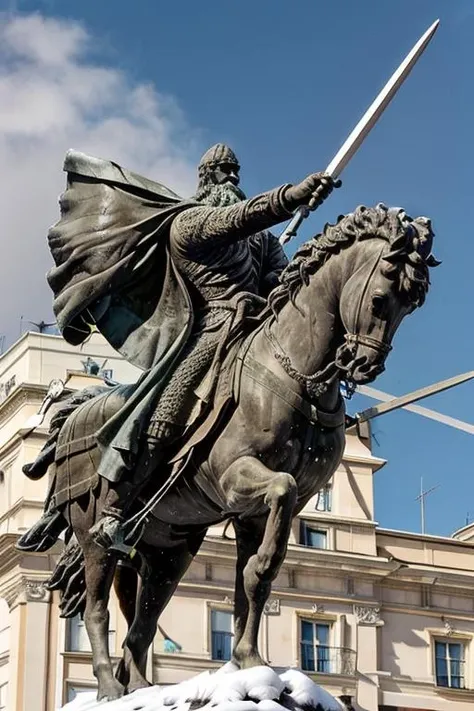 cid statue , sword in hand <lora:El cid:0.67> four paws , snow in the background