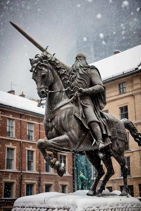 cid statue , sword in hand <lora:El cid:0.67> four paws , snow in the background ,horse in rampant motion , snowing hard