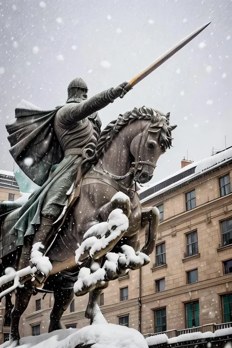 cid statue ,  sword in hand <lora:El cid:0.67>   four paws , snow in the  background ,horse in rampant motion , snowing hard