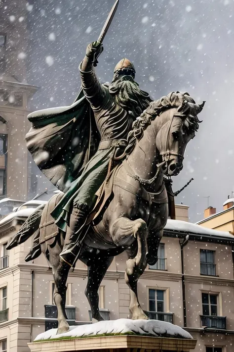 cid statue , sword in hand <lora:El cid:0.67> four paws , snow in the background ,horse in rampant motion , snowing hard