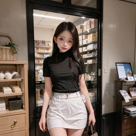 ((of the highest quality, 8K, masutepiece: 1.3, Raw photo)), Sharp Focus: 1.2, (1 AESPA Girl :1.1), Solo, (Realistic, Photorealistic: 1.37), (Face Focus: 1.1), Cute face, hyperdetailed face, (short messy hair: 1.2), Small Smile, Small breasts, flat chest, nude, (office uniform), standing, Thigh, (chiffon panties), cafe, bar, have a cellphone, flower, Cattleya