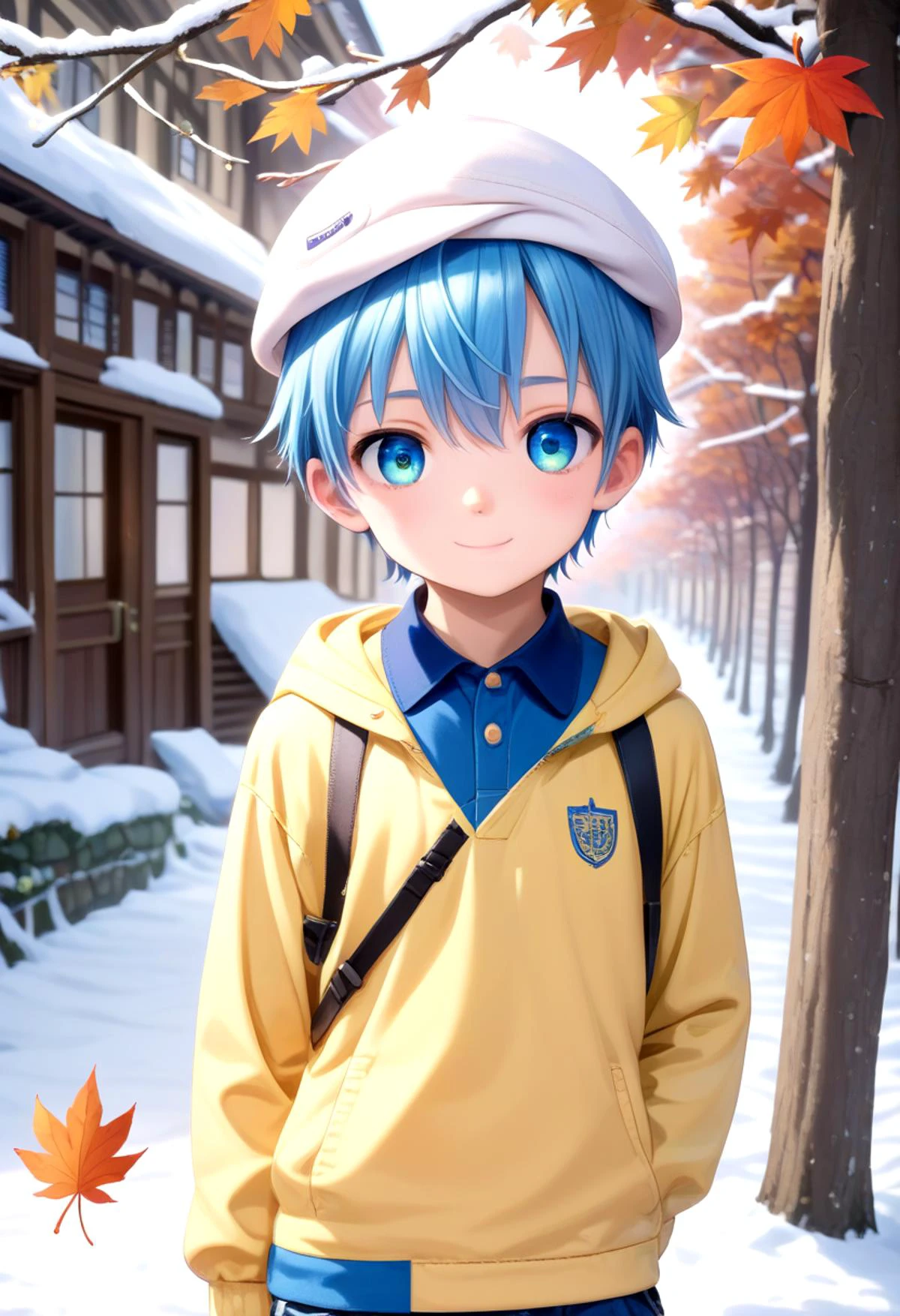 score_9, score_8_up, score_7_up, detailed eyes, autumn leaf, snowy, village, BREAK
straight on shot, standing,
<lora:cacd2ponyA-000020:0.75> aoi, 1boy, (blue hair:1.2), polo shirt, smile, male, male focus, closed mouth, captains hat, blue eyes,
looking at viewer,male, male focus, blue hair, inside, corridors, petite, vivid colors, petite, cute, young, masterpiece, high quality, very_high_resolution, large_filesize, full color, detailed face,