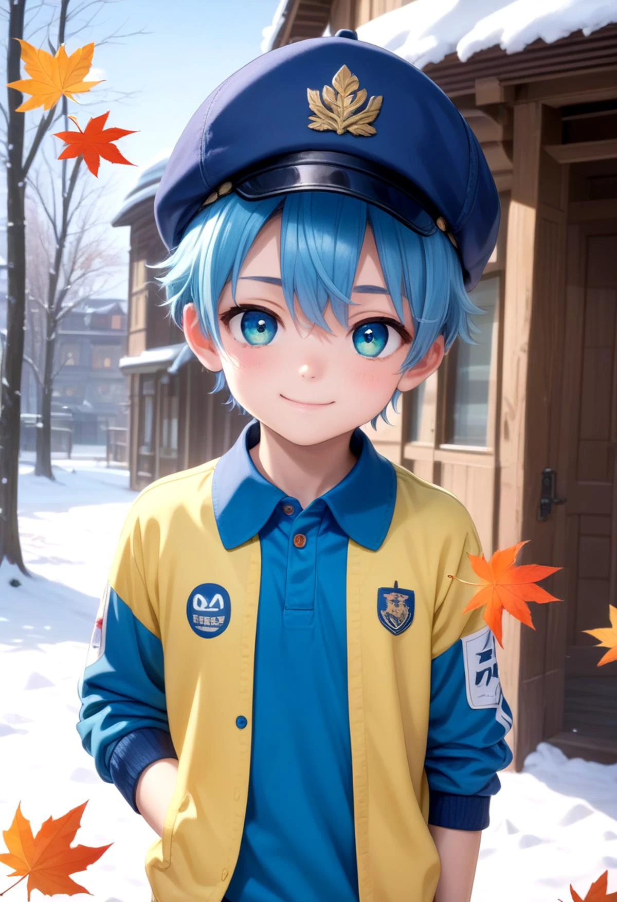 score_9, score_8_up, score_7_up, detailed eyes, autumn leaf, snowy, village, BREAK
straight on shot, standing,
<lora:cacd2ponyA-000020:0.75> aoi, 1boy, (blue hair:1.2), polo shirt, smile, male, male focus, closed mouth, captains hat, blue eyes,
looking at viewer,male, male focus, blue hair, inside, corridors, petite, vivid colors, petite, cute, young, masterpiece, high quality, very_high_resolution, large_filesize, full color, detailed face,