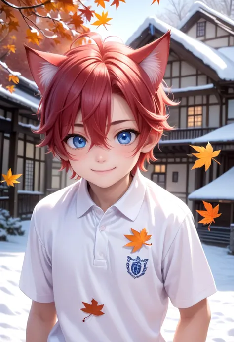 score_9, score_8_up, score_7_up, detailed eyes, autumn leaf, snowy, village, BREAK
straight on shot, standing,
<lora:cacd2ponyA-000020:0.75> aki, 1boy, (crimson hair:1.2), white polo shirt,  smile, male, male focus, closed mouth, blue eyes, cat boy, (red cat ears:1.2),
looking at viewer,male, male focus, blue hair, inside, corridors, petite, vivid colors, petite, cute, young, masterpiece, high quality, very_high_resolution, large_filesize, full color, detailed face,