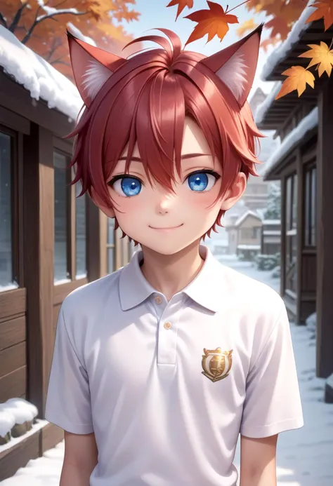 score_9, score_8_up, score_7_up, detailed eyes, autumn leaf, snowy, village, BREAK
straight on shot, standing, 
 <lora:cacd-pony-BASE:0.75> aki, 1boy, (crimson hair:1.2), white polo shirt,  smile, male, male focus, closed mouth, blue eyes, cat boy, (red cat ears:1.2),
looking at viewer,male, male focus, blue hair, inside, corridors, petite, vivid colors, petite, cute, young, masterpiece, high quality, very_high_resolution, large_filesize, full color, detailed face,