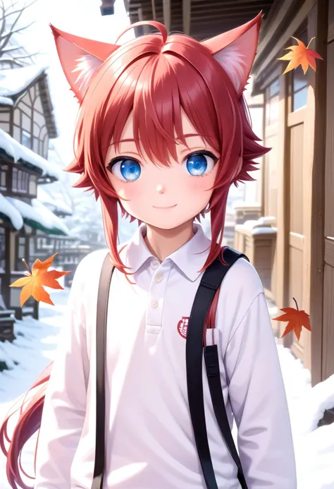 score_9, score_8_up, score_7_up, detailed eyes, autumn leaf, snowy, village, BREAK
straight on shot, standing,
<lora:cacd2ponyA-000020:0.75> aki, 1boy, (crimson hair:1.2), white polo shirt,  smile, male, male focus, closed mouth, blue eyes, cat boy, (red cat ears:1.2),
looking at viewer,male, male focus, blue hair, inside, corridors, petite, vivid colors, petite, cute, young, masterpiece, high quality, very_high_resolution, large_filesize, full color, detailed face,