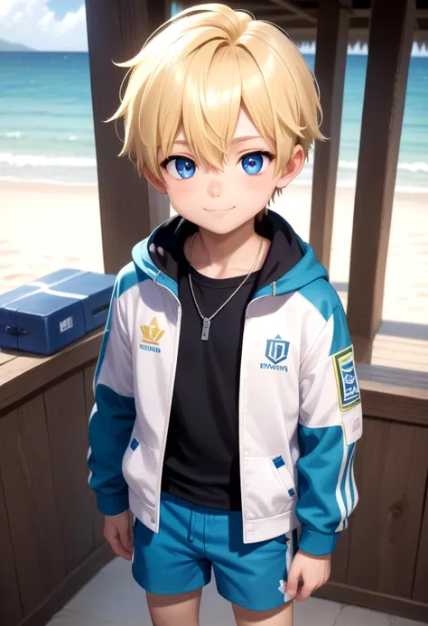 score_9, score_8_up, score_7_up, detailed eyes, beach, BREAK
straight on shot, standing, 
 <lora:cacd-pony-BASE:0.75> sota, 1boy, (blonde hair:1.2), rashguard, jacket, box shorts, smile, male, male focus, closed mouth, 
looking at viewer,male, male focus, blue hair, inside, corridors, petite, vivid colors, petite, cute, young, masterpiece, high quality, very_high_resolution, large_filesize, full color, detailed face,