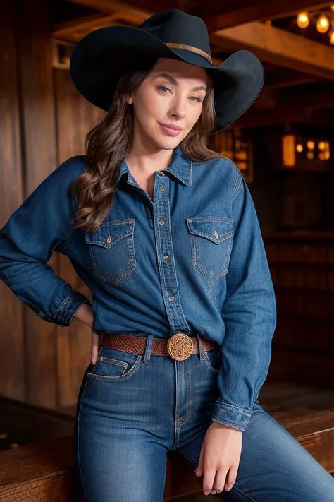 DEN_azzurra_moretti,
country beauty posing against a wooden fence with a plaid shirt and jeans and a cowboy hat, cow girl, country girl, cow girl,
bokeh, f1.4, 40mm, photorealistic, raw, 8k, textured skin, skin pores, intricate details <lora:epi_noiseoffset2:1>, epiCRealism <lora:ClothingAdjuster3:-1.0>