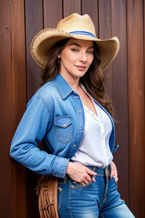 Merger_demstiya_emnast,
country beauty posing against a wooden fence with a plaid shirt and jeans and a cowboy hat, cow girl, country girl, cow girl,
bokeh, f1.4, 40mm, photorealistic, raw, 8k, textured skin, skin pores, intricate details <lora:epi_noiseoffset2:1>, epiCRealism <lora:ClothingAdjuster3:-1>