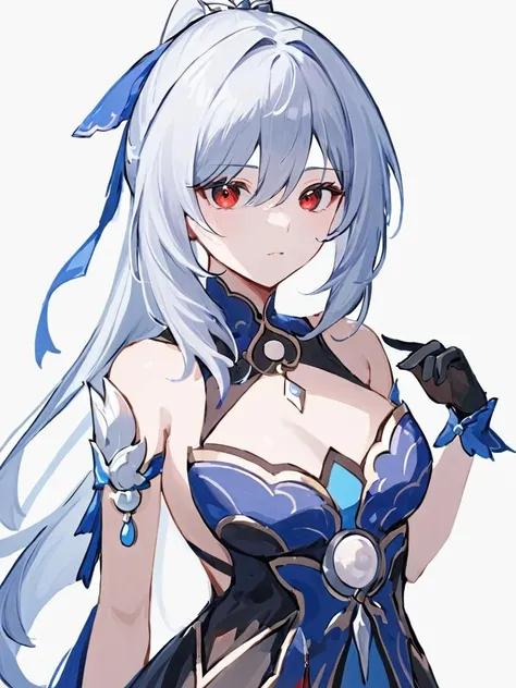 ultra-detailed,(best quality),((masterpiece)),(highres),original,extremely,<lora:jingliux_xl:1>,jingliu, 1girl, gloves, solo, red eyes, bangs, long hair, looking at viewer, dress, black gloves, bare shoulders, white background, breasts, grey hair, simple background, hair ornament, sleeveless dress, cleavage, hair between eyes, jewelry, ponytail, ring, sleeveless, upper body, bronya zaychik, blue dress, hair ribbon, elbow gloves, ribbon, closed mouth