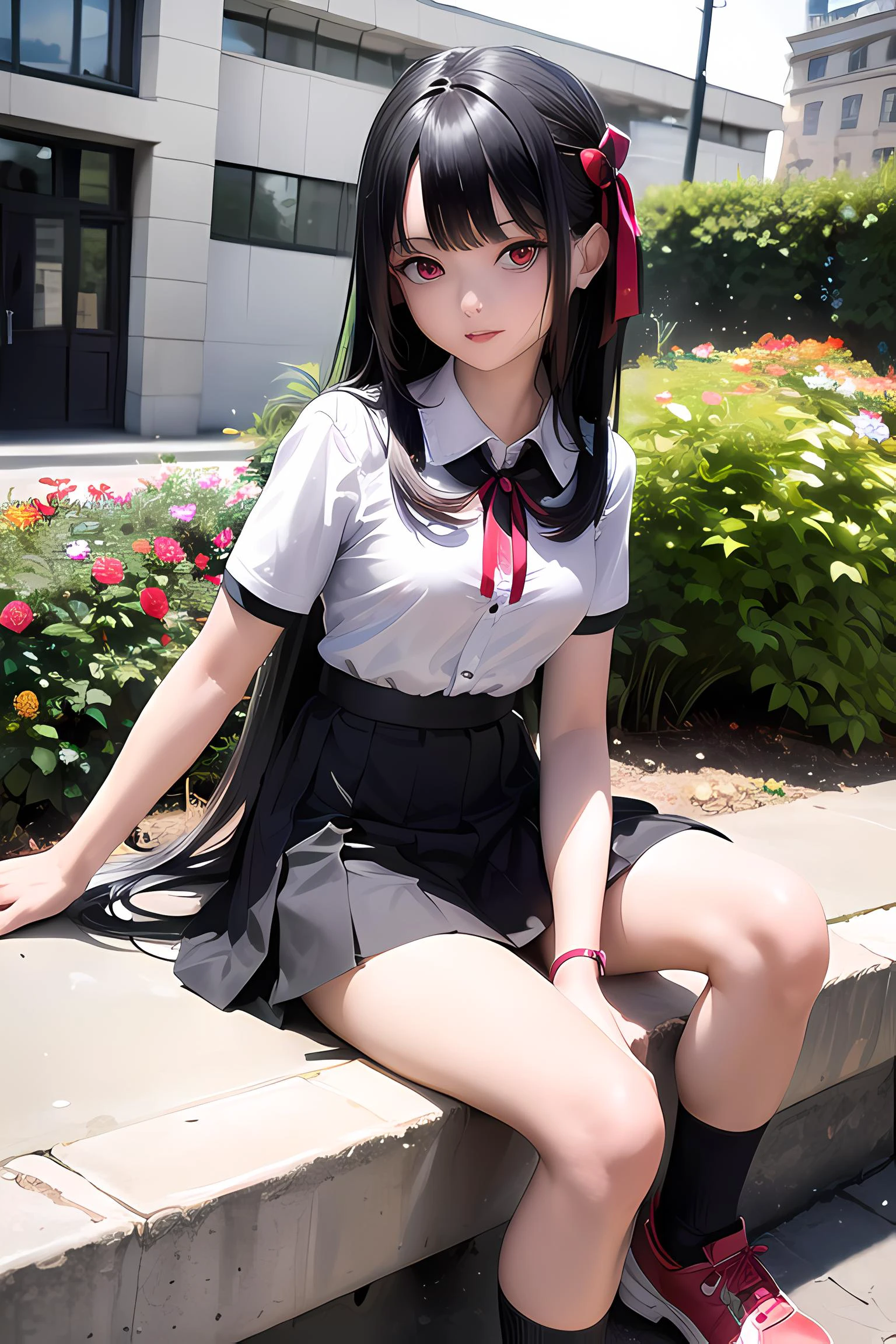 (absurdres:1.3),(masterpiece),highres,((ultra detailed)),(background detailed:1.2),((((:1.2),(solo),(medium breasts)))),|||||,(((long hair,red eyes color,(black hair:1.4)))),||||||,((((collared shirt, short sleeves, white shirt, neck ribbon, red ribbon, pleated skirt, black skirt, white socks,black red sport shoes)))),|||||,(((cafe,street,flower,garden,bunch of flowers))),upper body,