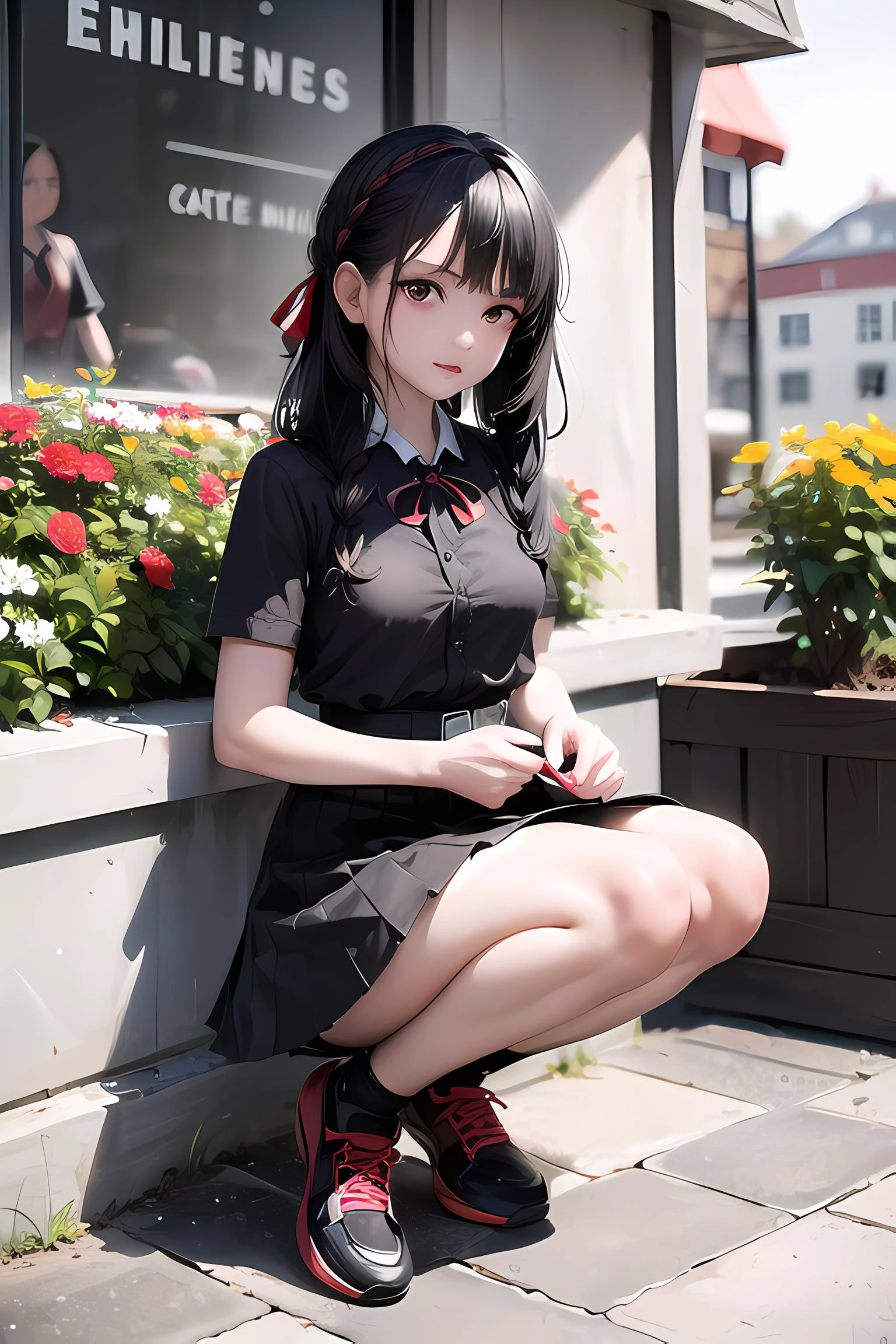 (absurdres:1.3),(masterpiece),highres,((ultra detailed)),(background detailed:1.2),((((:1.2),(solo),(medium breasts)))),|||||,(((long hair,red eyes color,(black hair:1.4)))),||||||,((((collared shirt, short sleeves, white shirt, neck ribbon, red ribbon, pleated skirt, black skirt, white socks,black red sport shoes)))),|||||,(((cafe,street,flower,garden,bunch of flowers))),near view,