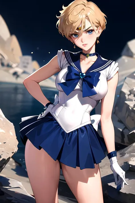 ​masterpiece, top-quality, hight resolution, 8K, Hi-Res, ultra-detailliert, 1girl in, (Anatomically correct), (Full limbs), (Precise fingertips), Slender 18 year old beautiful active girl, Brown-eyed, Slender eyes, A dark-haired, extra very short hair, (Black skin:1.3), ((Sailor Moon: 1.3)), (white  leotard), (Blue sailor color), (Over-the-knee boots:1.1), a choker, (white glove), Blue choker, (elbowgloves), (a blue skirt), sole, flexible, (Standing on one leg:1.2), (standing split:1.3), muscular, Hand lifting one leg, ((Gymnastics competition venue:1.3)), A smile, High school students, Full body like, Bust 86, Waist 58, Hip 88, (Mass sweat),  (Tempered body, Toned body, Split abs:1.1)