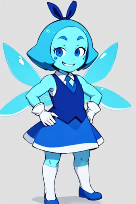 < aquam, blue hair, teardrop facial mark, 1girl, solo, hair bow, blue skin, sleeveless, white gloves, blue skirt, cirno, blue eyes, smile, wings, looking at viewer, short hair, blue footwear,simple background,standing, hand on hip, <lora:aquamarine4:0.6>