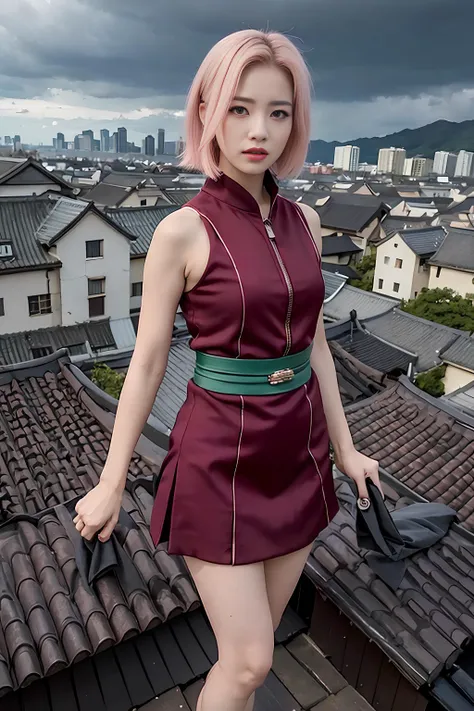 Sakura Haruno, tight dress, big breasts, smile, thighhigh, standing still