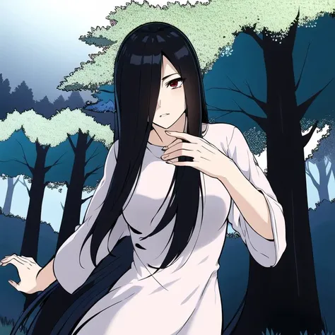 ((masterpiece)),(best quality), absurdres,sadako_yamamura,red eyes, white dress,<lora:Sadakobest:0.9>, <lora:narutoStyleLora_v10:0.5>,standing, (half body, dynamic angle, dynamic composition),outside, near trees, outdoors background,