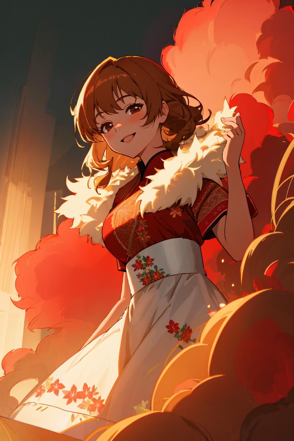 A woman in a red and white dress standing in front of a fire - SeaArt AI