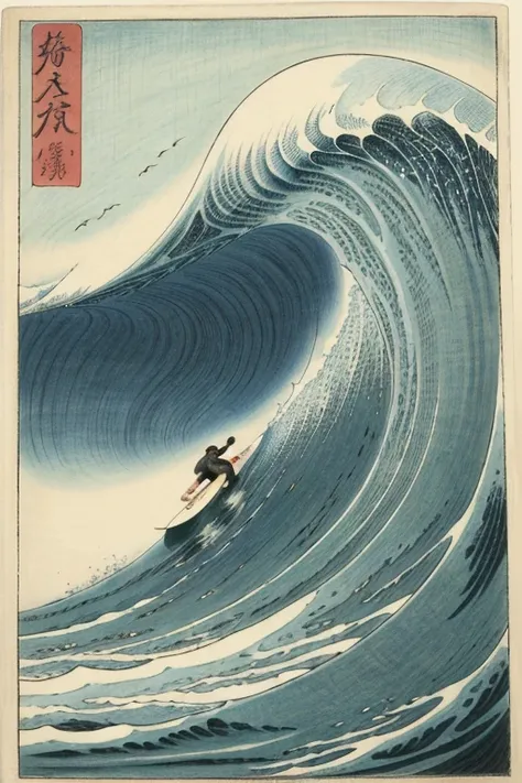 Hiroshige, ((ocean wave, surfing, surfers))