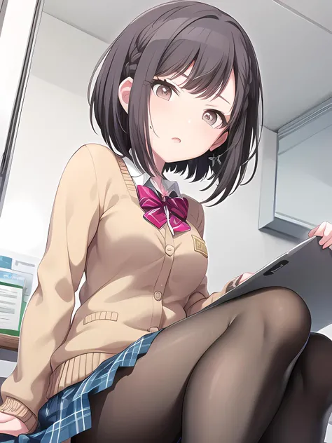 <lora:projectSekaiShinonome_enaFinal:0.7>, 1girl, forest, iom, bob cut,medium hair,side braid,asymmetrical bangs,sidelocks, school uniform, blue plaid skirt, yellow cardigan, pantyhose, loafers, medium breasts, sitting, sit on desk, looking at viewer,
