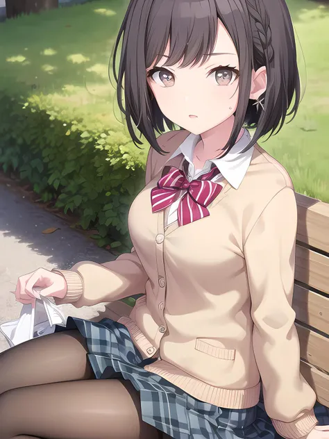 <lora:projectSekaiShinonome_enaFinal:0.7>, 1girl, forest, sitting on bench, iom, beautiful eyes bob cut,medium hair,side braid,asymmetrical bangs,sidelocks, school uniform, blue plaid skirt, yellow cardigan, pantyhose, loafers, medium breasts, sitting, looking at viewer,from above,