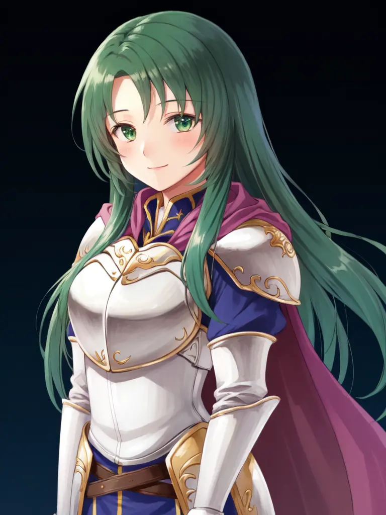 <lora:Cecilia_FE-10:0.8>, cecilia fe, 1girl, solo, looking at viewer, blush, smile, gloves, dress, closed mouth, elbow gloves, shiny, belt, white gloves, cape, armor, shiny hair, shoulder armor, breastplate, armored dress, purple cape, white armor