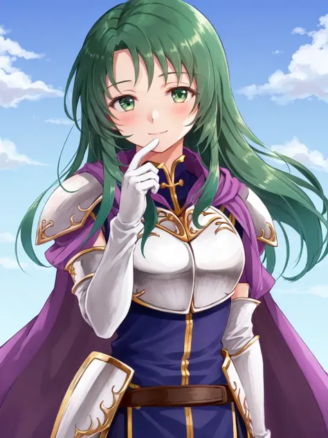 <lora:Cecilia_FE-10:0.9>, cecilia fe, 1girl, solo, looking at viewer, blush, smile, gloves, dress, closed mouth, elbow gloves, shiny, belt, white gloves, cape, armor, shiny hair, shoulder armor, breastplate, armored dress, purple cape, white armor